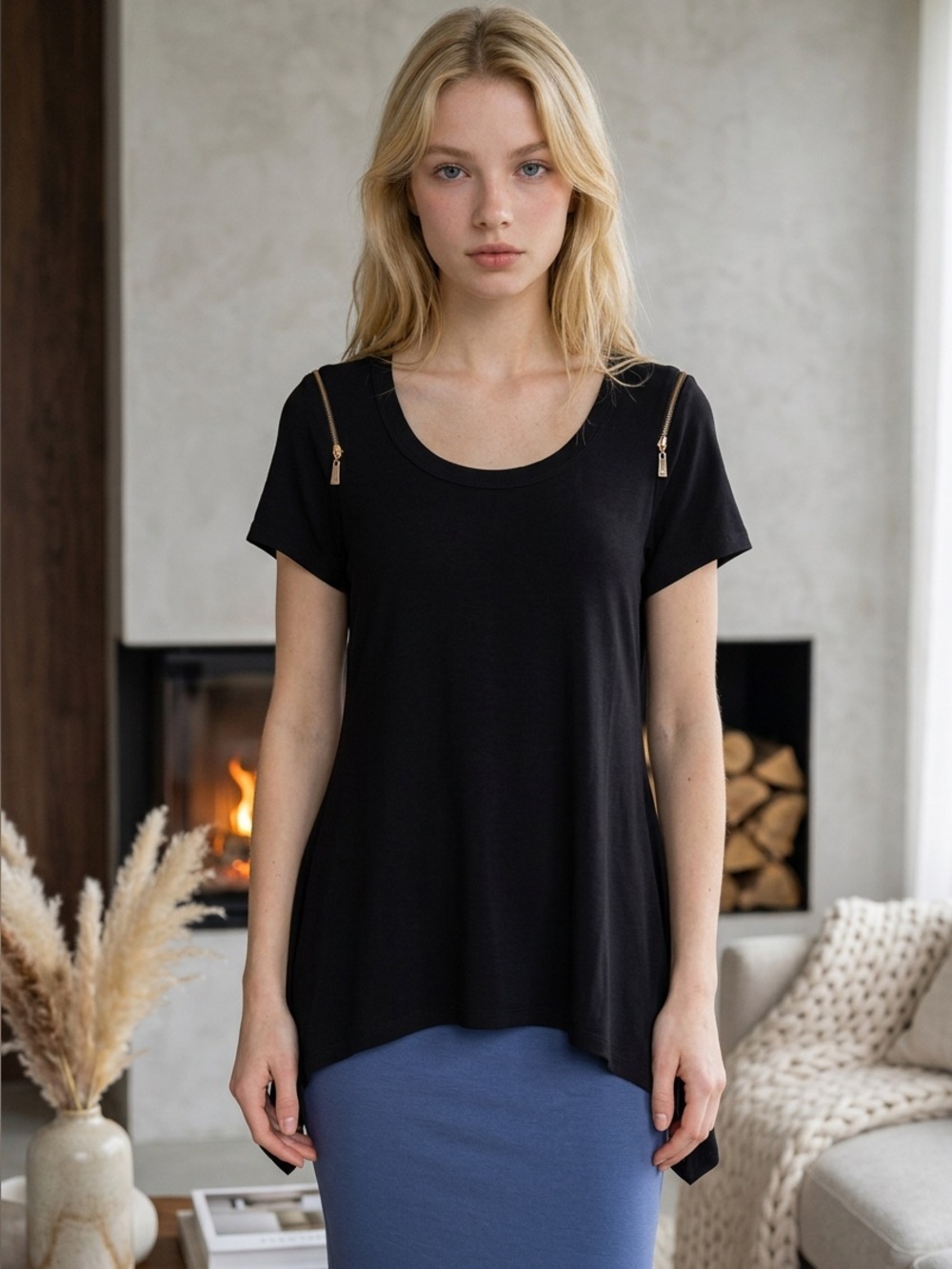 Chaus Black Short-Sleeve Tunic with Gold Shoulder Zips